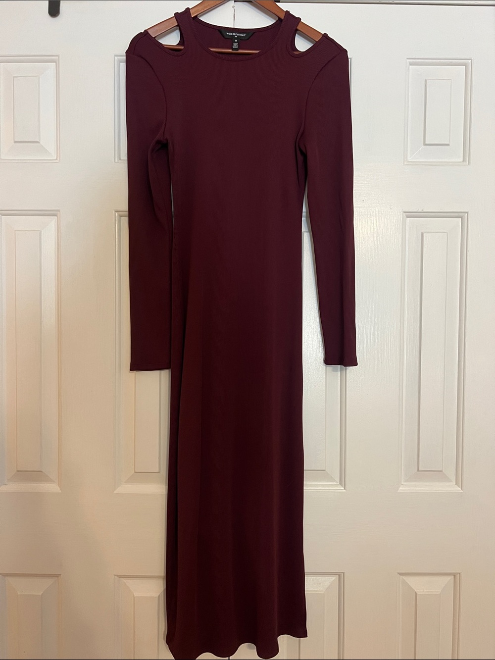 WHBM Long Sleeve Cold-Shoulder Maxi Dress in Deep Burgundy